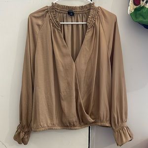 Banana Republic Factory Ruffle-Neck Wrap Blouse in Tan Camel ~ Size M